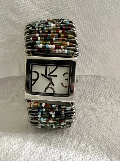 Artisan Silver Tone Safety Pin Band Glass Multi Color Bead Stretch Watch