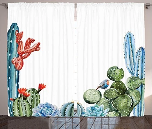 Cactus Curtains, Watercolor Design of Cacti Spikes and Flowers Little Bird