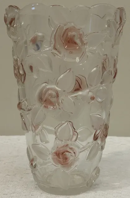 Vintage Mikasa Bella Rosa Pink Frost Vase - Raised Rose Flower Decorative Glass