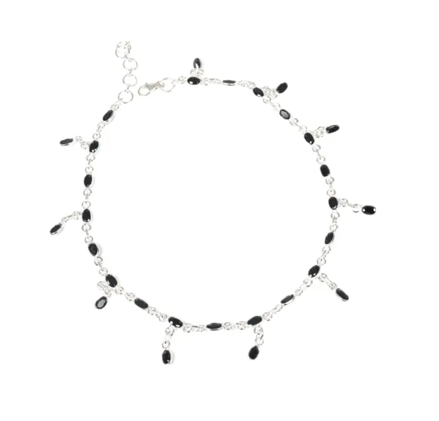 925 Solid Sterling Silver Faceted Black Onyx Anklet l891