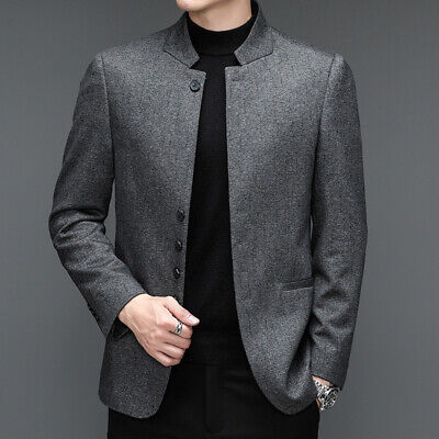 Uomo Tweed Monopetto Blazer Giacca Cappotto Top Colletto Alla Coreana Smart