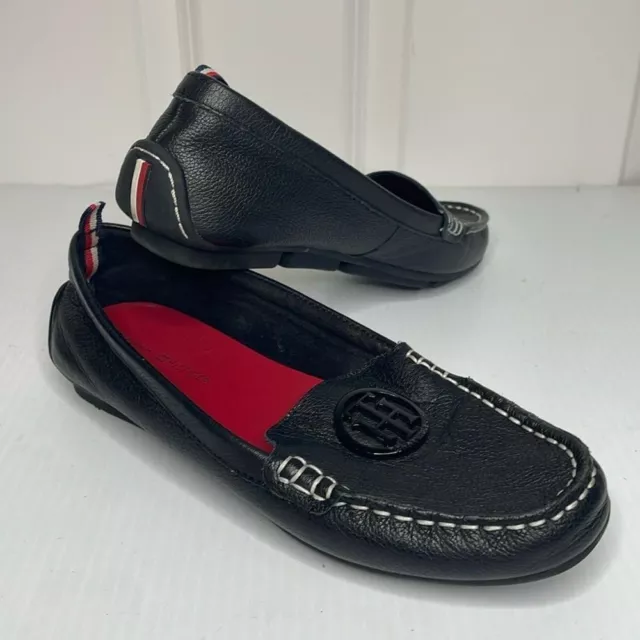 Tommy Hilfiger Women’s Loafers Size 7M Black Driving Flats Metal Logo