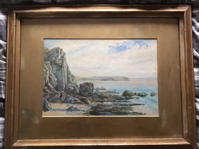 Antique Vintage Gilt Framed Victorian Era Coastal Seascape Water Colour