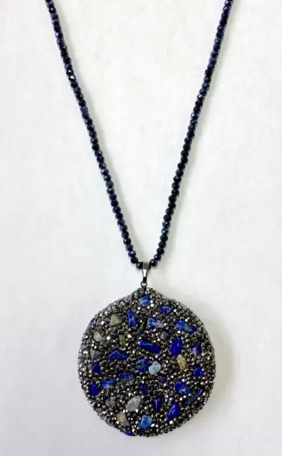 HSN JK NY Nugget Circle Drop Lapis Beaded Pendant Necklace 33"