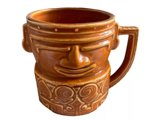 Vintage Tiki Mug Brown Ceramic Coffee Cup Aztec Party Handle Face Japan Retro