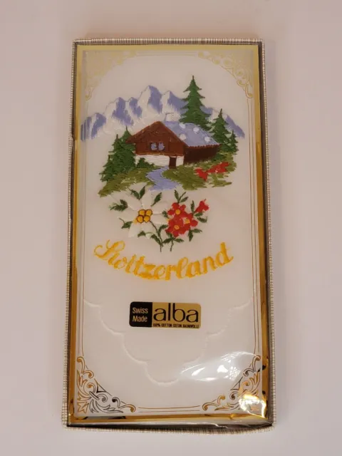 Vintage Swiss Made ALBA 100% Cotton Hankerchief w/ Embroidered Cabin and Flowers