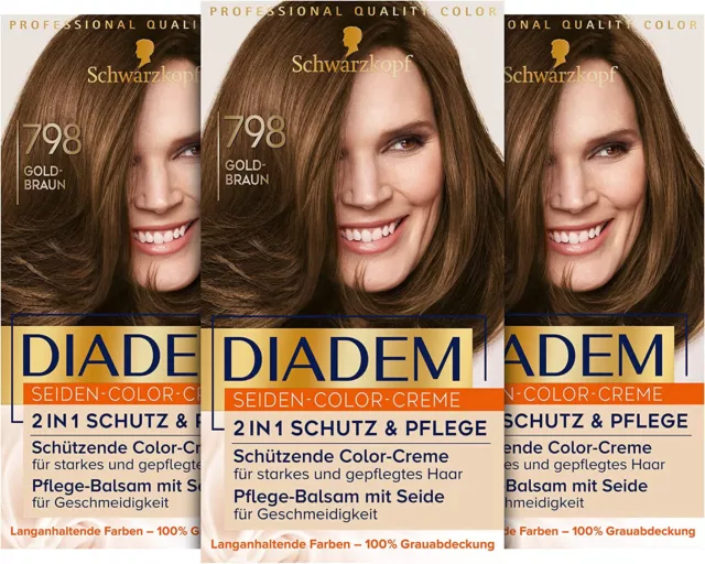 3 X Schwarzkopf Diadem 798 Marron Doré Soie Couleur Crème Coloration Cheveux