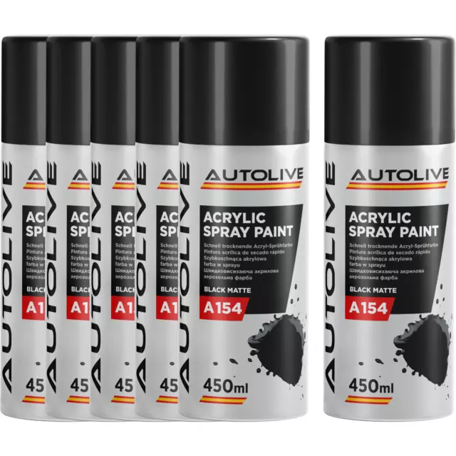 Autolive Pintura Acrílica en Spray Negro Mate - Secado Rápido Pack de 6 - 450 ml