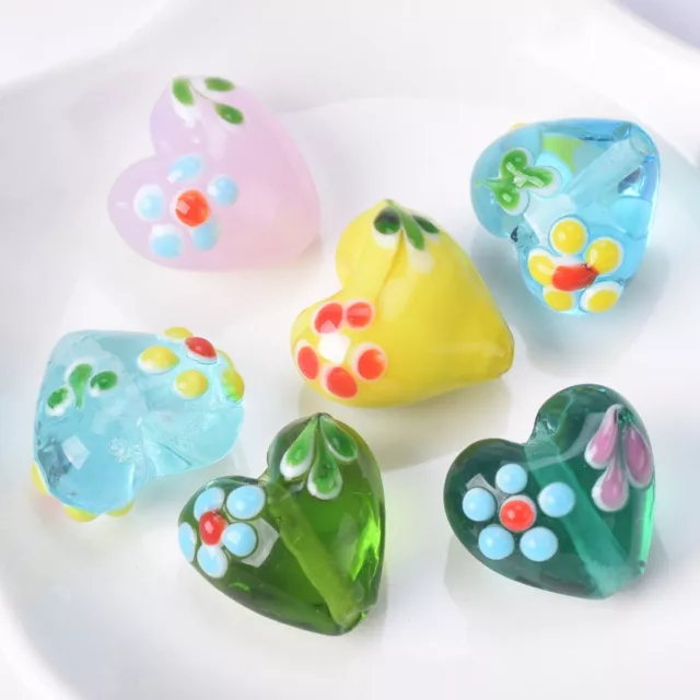 5pcs Handmade Heart 16x14mm Flower Pattern Lampwork Glass Loose Crafts Beads