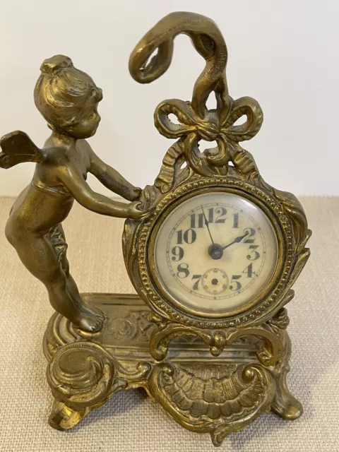 Antique Art Nouveau New Haven Clock Co Figural Gilt Cherub Desk Clock