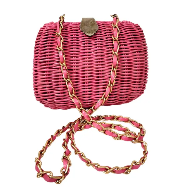 Vintage Pink Wicker Straw Crossbody Bag Rattan Weave Woven Chain Purse Mini Bag