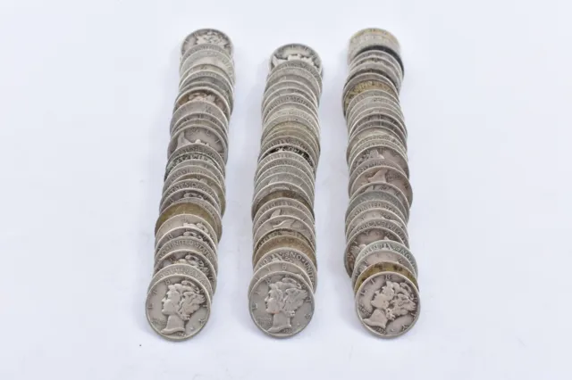 Bulk Lot Full Date Mercury Silver Dime 90% 50 Coin $5.00 Face Roll Collection 3