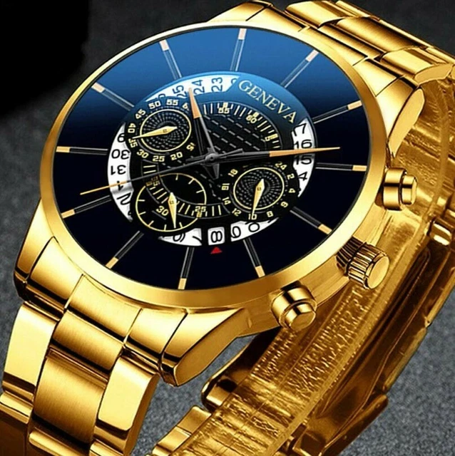 Montre Luxe Homme En Acier Inoxydable, Cadran Noir Et Or - Bracelet Métal, Mouvement Quartz, Neuf Avec Boîte