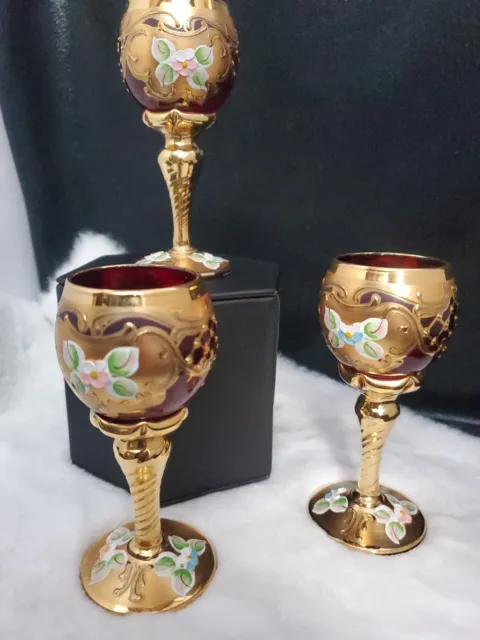 3 Rare Vintage Tre Fuochi Venetian Murano Ruby Gold Gilt Floral Wine Glass Nr