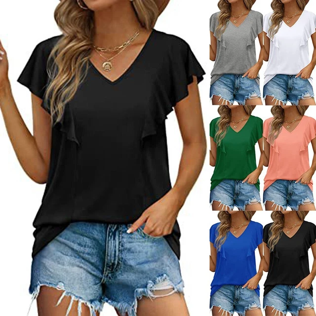 Donna Estate Top a Balze Manica Corta Casual Vestibilità Larga Scollo V T-Shirt