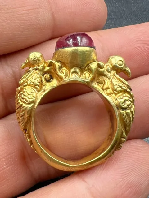 A gorgeous and rare ancient bird gold ring with natural ruby