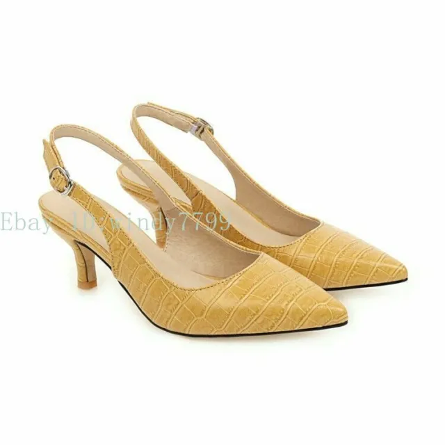 Womens Slingback Sandal Kitten Mid Heels Pointy Toe Pumps Buckle Shoes Plus Size