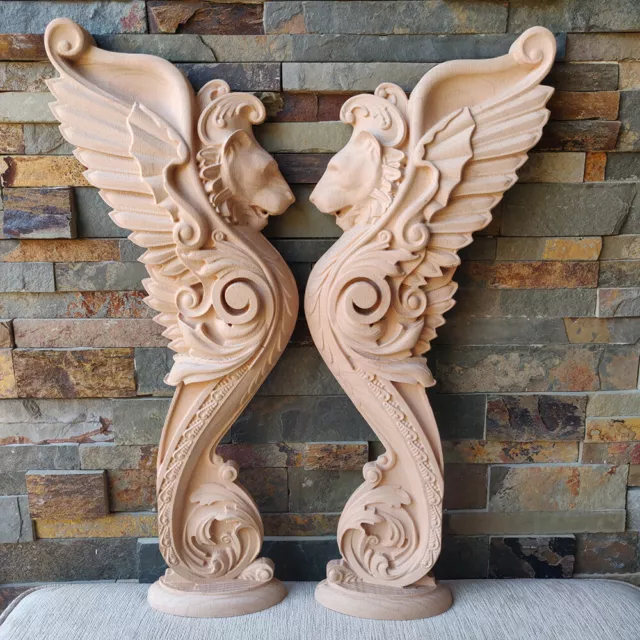 Pair Wood Carved Griffin Gothic Door Stairs Lion Wall French Victorian Fireplace