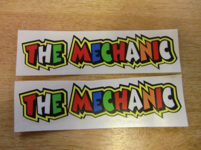 Valentino Rossi style text - "THE MECHANIC"  x2 stickers / decals  - 5in x 1in