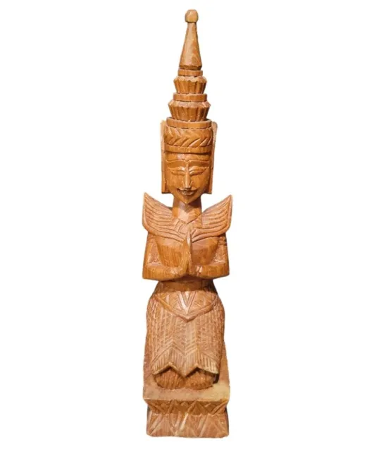 Vtg Wood Carving Thai Buddha Figure kneeling praying Art Collection 12" tall