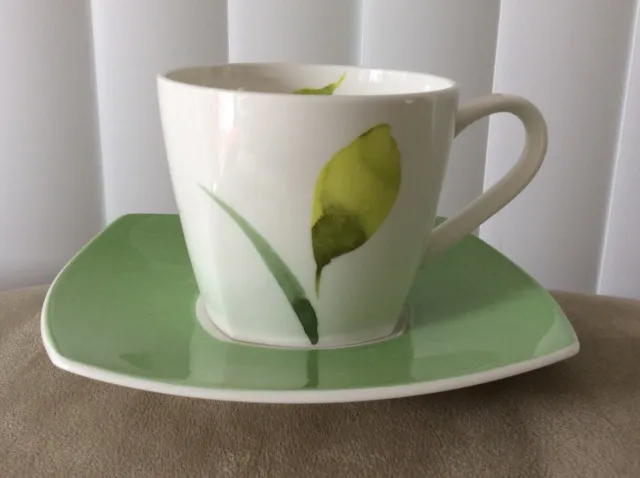 Unusual Set of 2 Porcelain NANO Square Lime Green Cups & Saucers Japanese Asian