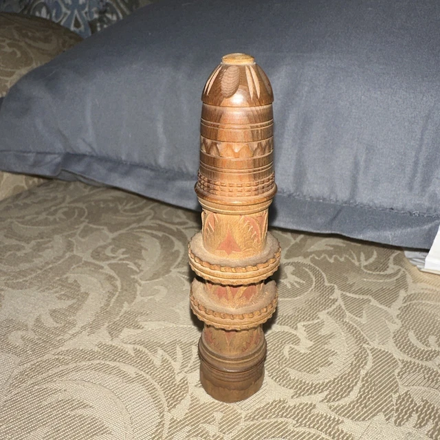 Hand Carved and Turned Wooden Antique Treen Hand Sewing Needle Holder Case