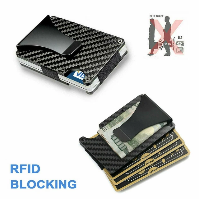 RFID Blocking Slim Money Clip Mens Carbon Fiber Credit Card Holder Metal Wallet