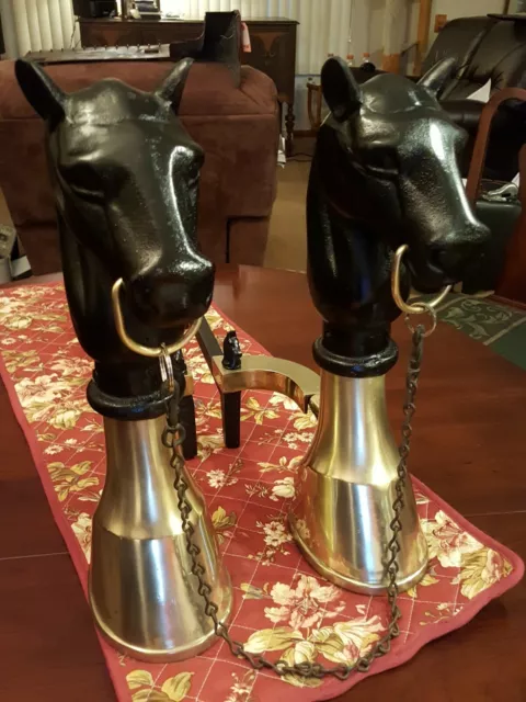 Sheffield Horse Head and Hoof Andirons Brass and Cast Iron