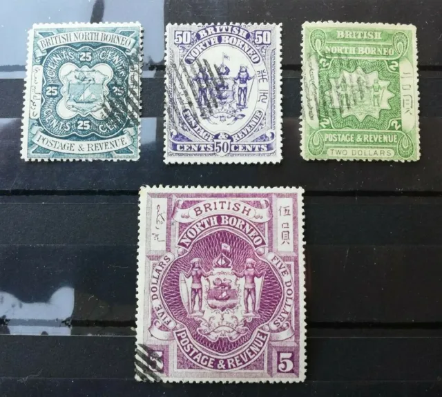 NORTH BORNEO 1886-1889: 5$, 2$, 50c,25c,used, 4 high good values stamps