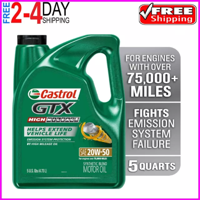 Castrol GTX High Mileage 20W-50 Synthetic Blend Motor Oil, 5 Quarts