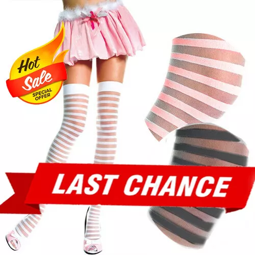 Sheer/Opaque Striped Horizontal Jester Elf Costume Thigh High Tights Pantyhose
