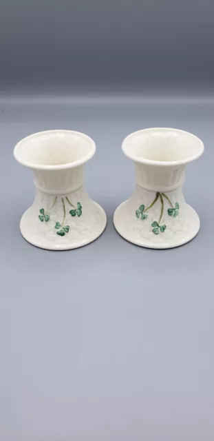 Pair BELLEEK CANDLE STICK HOLDERS 3 inch SHAMROCK CLOVER IRELAND Basket weave