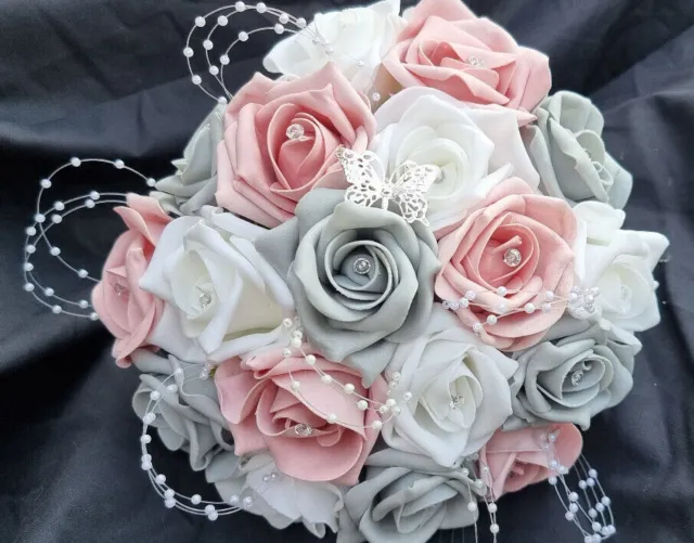 Wedding Flowers White Vintage Pink Grey Brides Bridesmaids Bouquet Butterfly