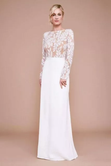 Tadashi Shoji Reeser Long-Sleeve Sequin Crepe Elegant Wedding Gown NWT $578