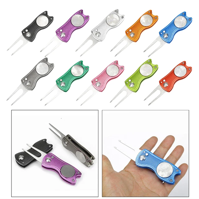 Foldable Stainless Steel Golf Divot Repair Tool with Ball Marker Switchblade