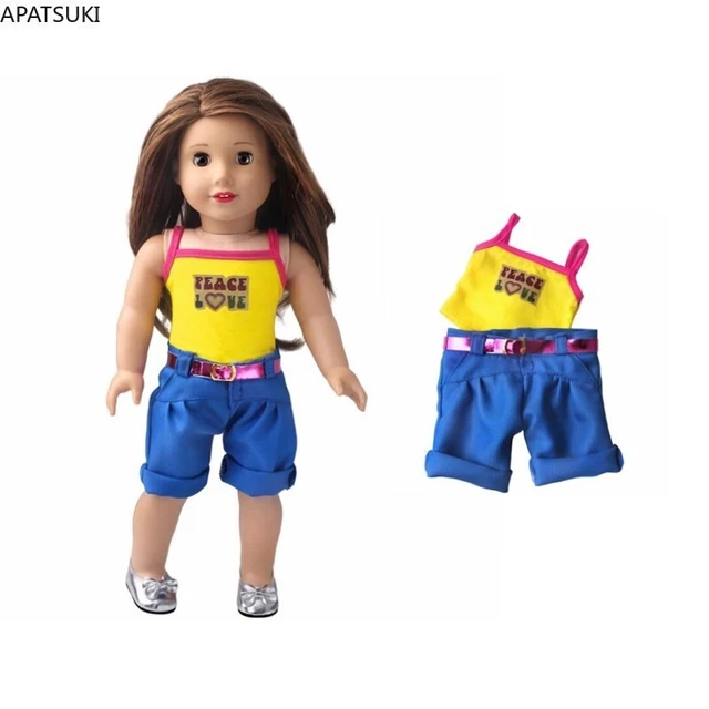 Yellow Blue Peace Love Clothes For 18" American Doll Vest Belt Shorts 1/4 Dolls