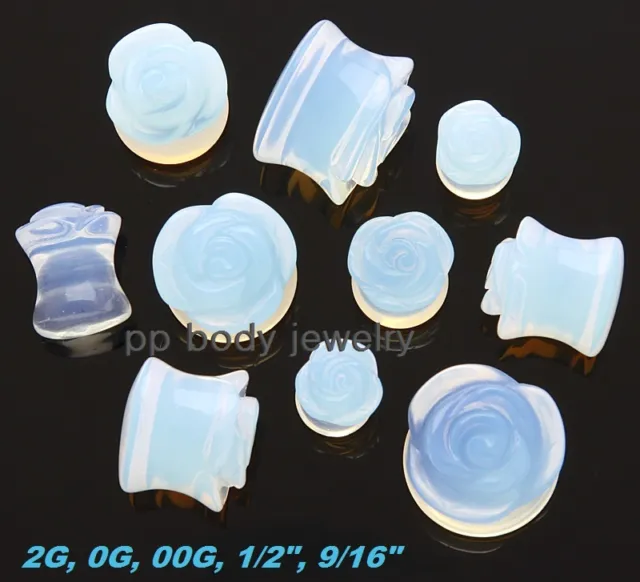PAIR Organic Rose Carved Opalite Stone Ear Plugs 2G to 9/16"