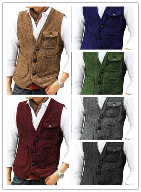Gilet Da Uomo Tweed Gilet Vita Retro Vintage Lana Spina di Aringa Matrimonio S-3XL