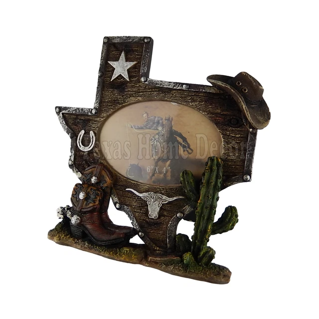 Texas Map Picture Frame Holds 4 x 6" Size Photo Boots Cactus Star Longhorn Boot