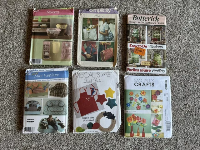 Lot Of 6 Uncut Sewing Patterns Curtains, Children’s Furniture, Aprons And More