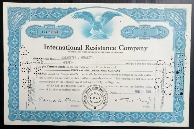AOP USA 1960 International Resistance Co. shares certificates (2)