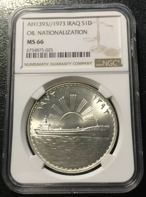 Iraq  1 dinar  1973 Silver coin NGC MS66 Oil Nationalization  Full luster