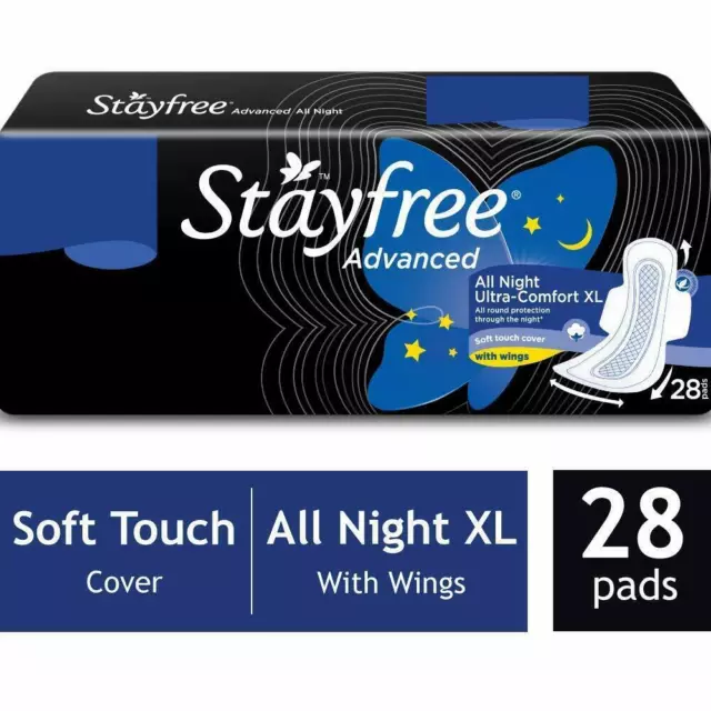 Stayfree Advanced Extra Large All Night Soft Cover Sanitär 28 Pads mit Flügeln