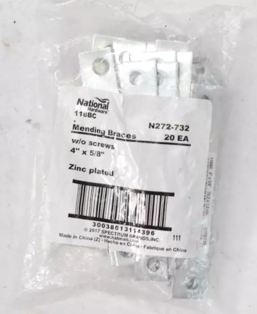 Lot of 20 National Hardware Steel Mending Plates 4" x 5/8" Zinc Plated N272-732