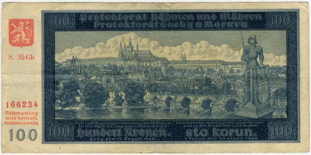 Banknote Geldschein über 100 Kronen, Sto Korun, Protektorat Böhmen & Mähren 1940