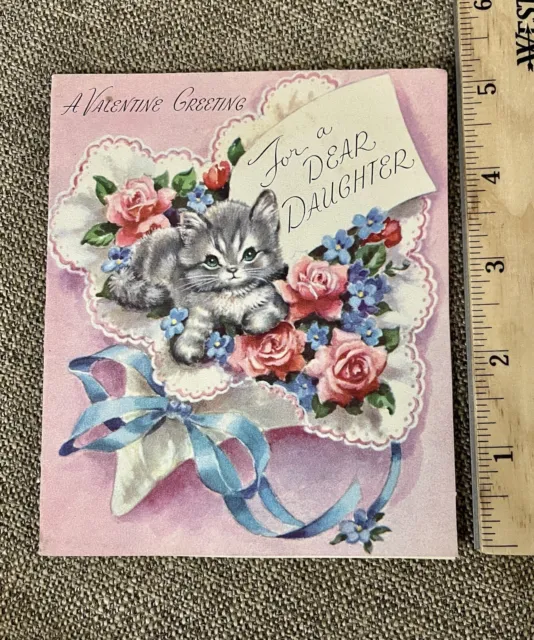 Vintage Valentines Day Card Kitten Cat On Bouquet Of Flowers For Daughter