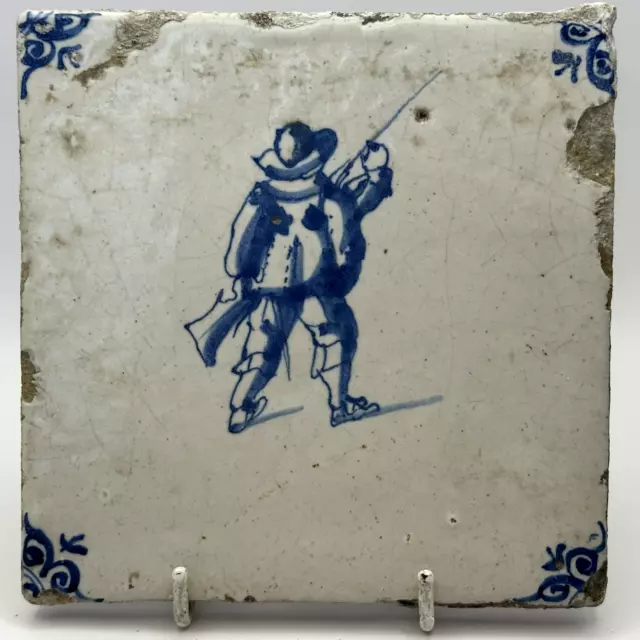 Antique 18th Century Dutch Delft Blue and White Tile of a Soldier With Musket
