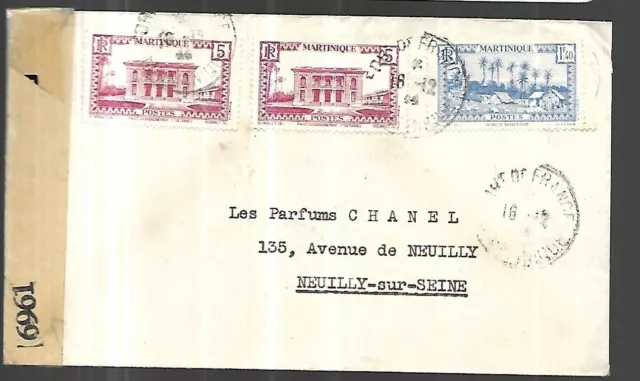 Martinique  LETTRE Censurée du 18 12 1944   de Fort de France pour Neuilly sur S