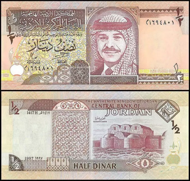 Jordan Kingdom 1/2 Dinar 1997 Unc King Hussein Bin Talal,Wearing Kuffiyed At Cen