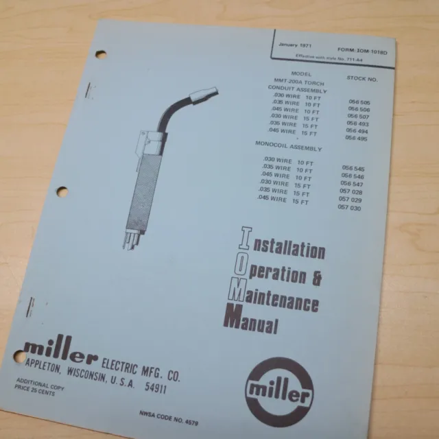 MILLER WELDER MMT 200A TORCH HANDLE Owner Operator Operation Maintenance Manual